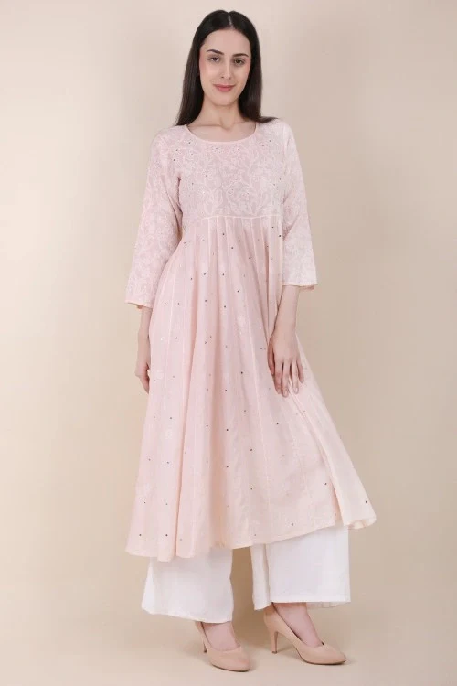Shwet Women Powder Pink Hand Embroidered Chikankari Kali Kurti