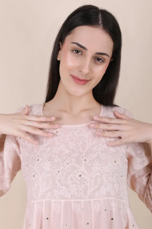 Shwet Women Powder Pink Hand Embroidered Chikankari Kali Kurti - Image 2