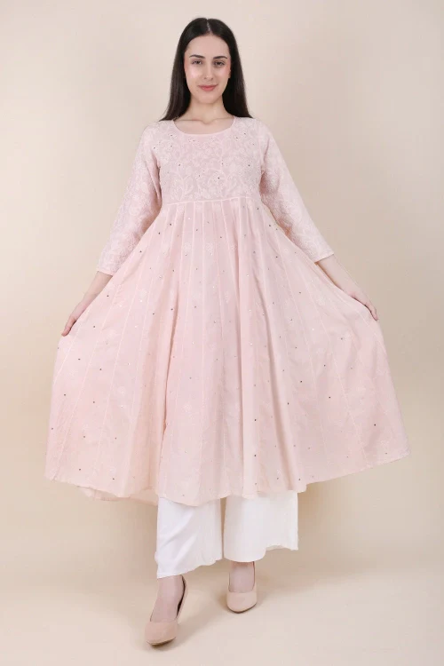 Shwet Women Powder Pink Hand Embroidered Chikankari Kali Kurti - Image 3