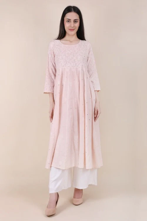 Shwet Women Powder Pink Hand Embroidered Chikankari Kali Kurti - Image 4