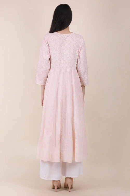 Shwet Women Powder Pink Hand Embroidered Chikankari Kali Kurti - Image 5