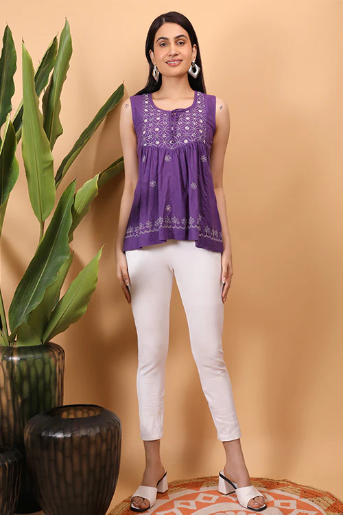 Shwet Women Purple Chikankari Sleevless Yoke Top - Image 4