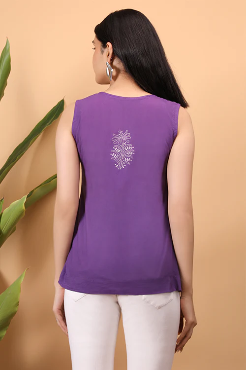 Shwet Women Purple Chikankari Sleevless Yoke Top - Image 5