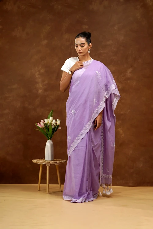 Shwet Women Purple Hand Embroidered Chikankari Mulmul Saree - Image 5