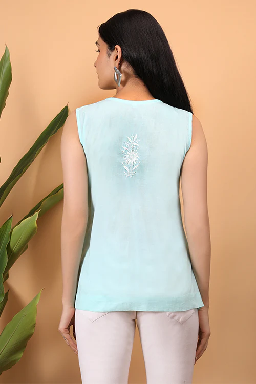 Shwet Women Sea Blue Chikankari Sleevless Yoke Top - Image 4