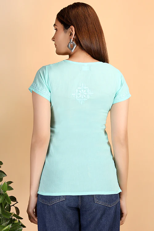 Shwet Women Sea Green Chikankari Cotton Short Top - Image 5