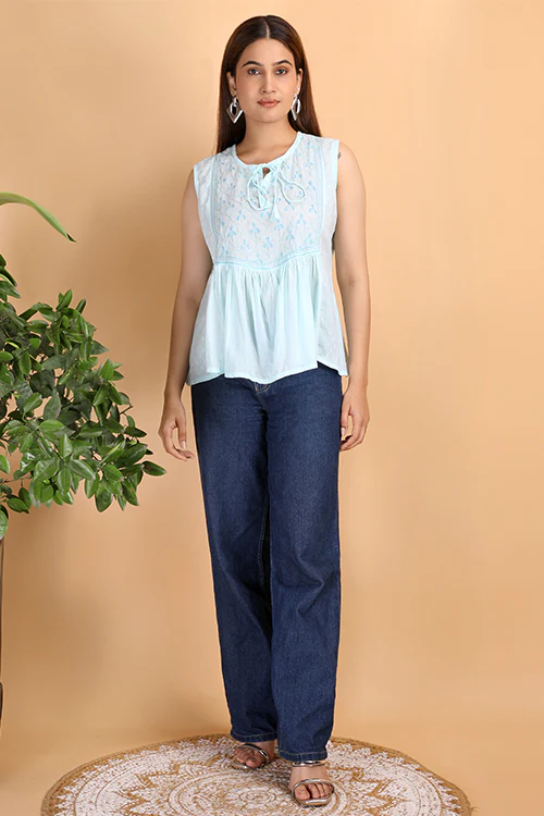 Shwet Women Sky Blue Chikankari Sleevless Yoke Top - Image 3