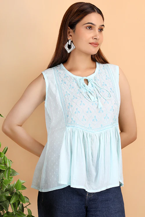 Shwet Women Sky Blue Chikankari Sleevless Yoke Top - Image 6