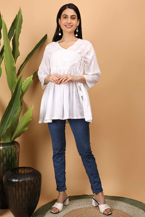 Shwet Women  White Chikankari Angarkha Top - 272 - Image 2