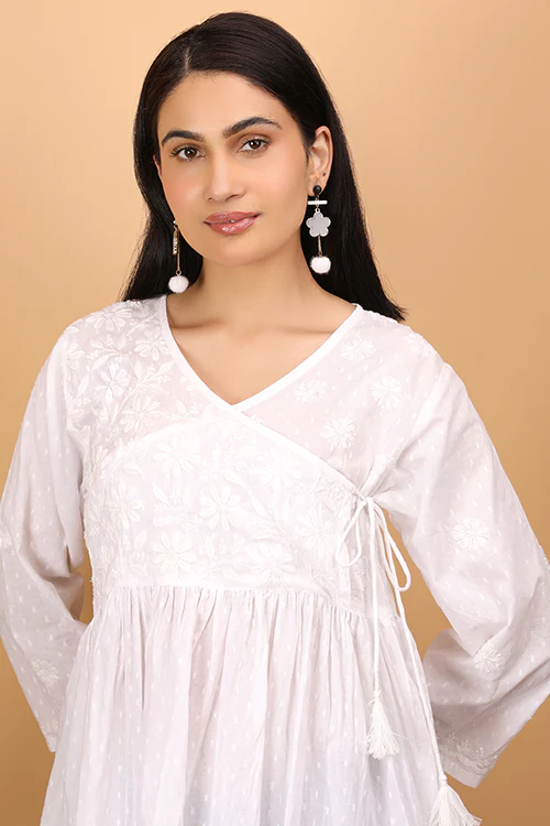Shwet Women  White Chikankari Angarkha Top - 272 - Image 3