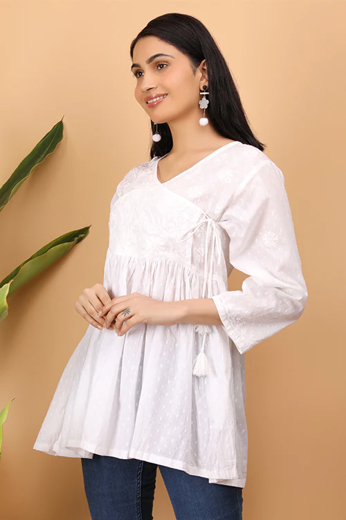 Shwet Women  White Chikankari Angarkha Top - 272 - Image 6