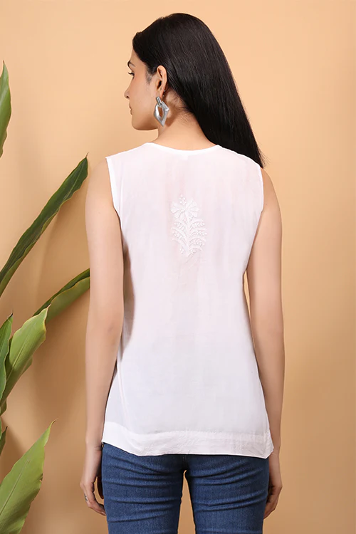 Shwet Women  White  Chikankari Sleevless  Yoke Top - Image 5