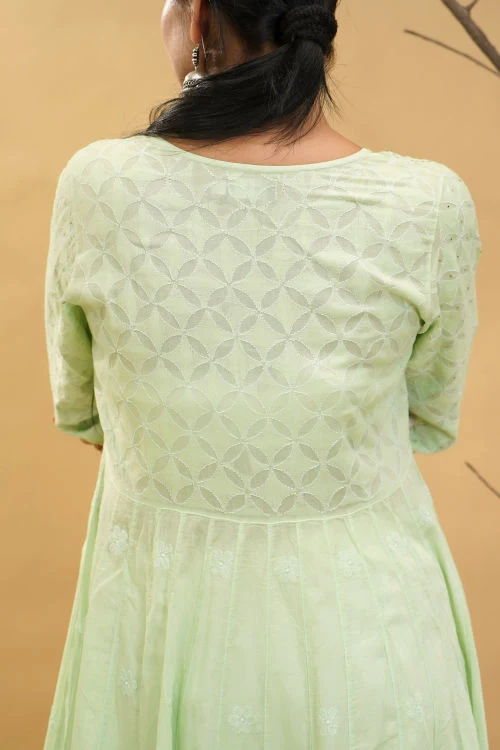 Shwet Women Pista Green Hand Embroidered Chikankari Kali kurti - Image 2