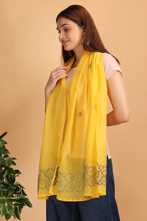 Shwet Women Yellow Chikankari Chanderi Stole