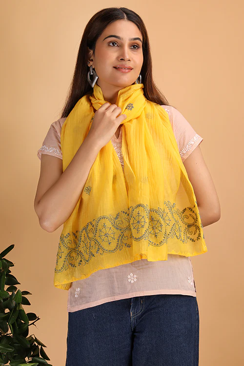Shwet Women Yellow Chikankari Chanderi Stole - Image 3