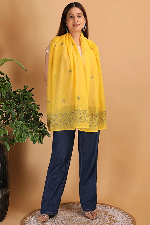 Shwet Women Yellow Chikankari Chanderi Stole - Image 4