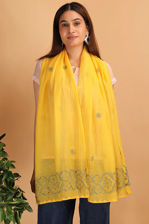 Shwet Women Yellow Chikankari Chanderi Stole - Image 6