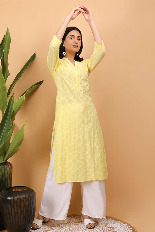 Shwet Women Yellow Chikankari Kurta - Image 3