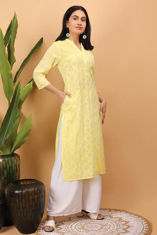 Shwet Women Yellow Chikankari Kurta - Image 5