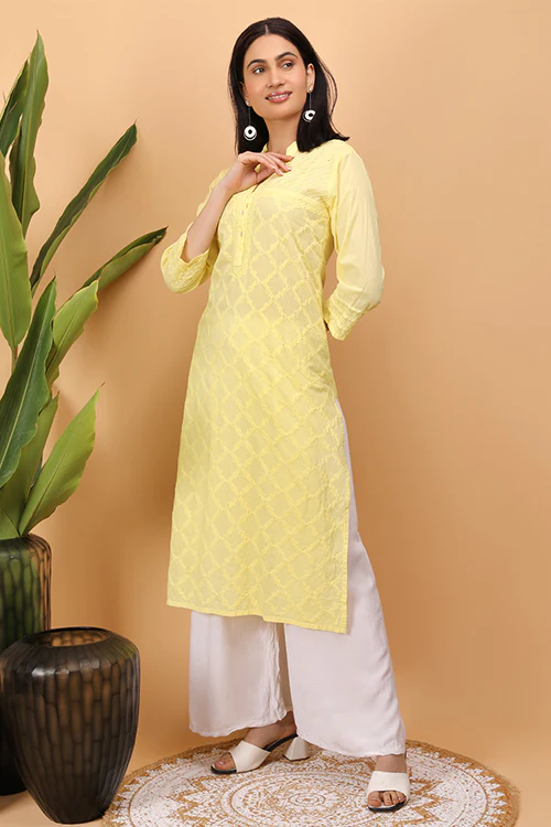 Shwet Women Yellow Chikankari Kurta - Image 6