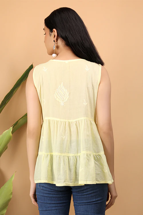 Shwet Women Yellow Chikankari Sleevless Tier Top - 291 - Image 5