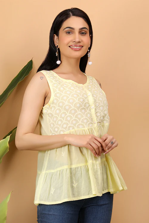 Shwet Women Yellow Chikankari Sleevless Tier Top - 291 - Image 6