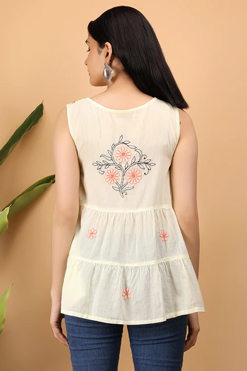 Shwet Women Yellow Chikankari Sleevless Tier Top - 292 - Image 4