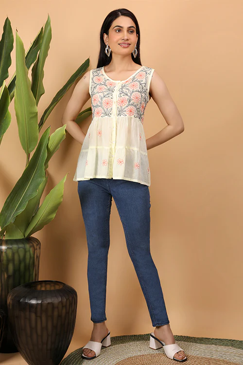 Shwet Women Yellow Chikankari Sleevless Tier Top - 292 - Image 5