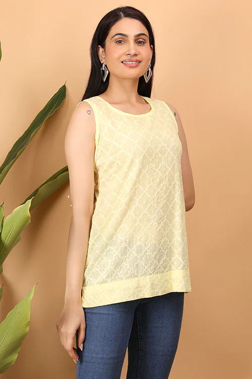 Shwet Women Yellow Chikankari Sleevless Top - 282 - Image 6