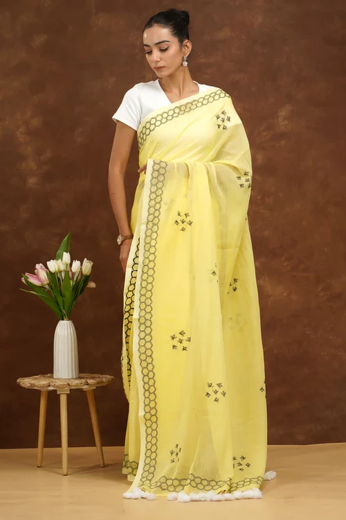 Shwet Women Yellow Hand Embroidered Chikankari Mulmul Saree