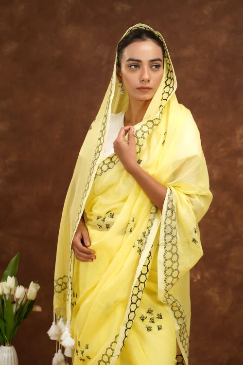 Shwet Women Yellow Hand Embroidered Chikankari Mulmul Saree - Image 2
