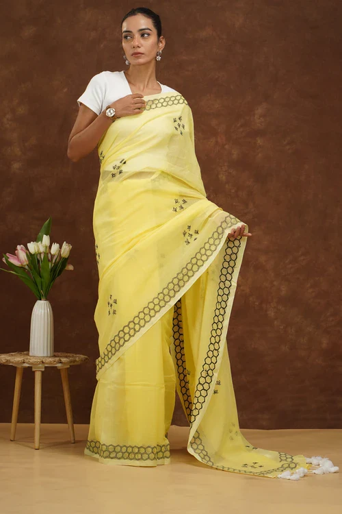 Shwet Women Yellow Hand Embroidered Chikankari Mulmul Saree - Image 5