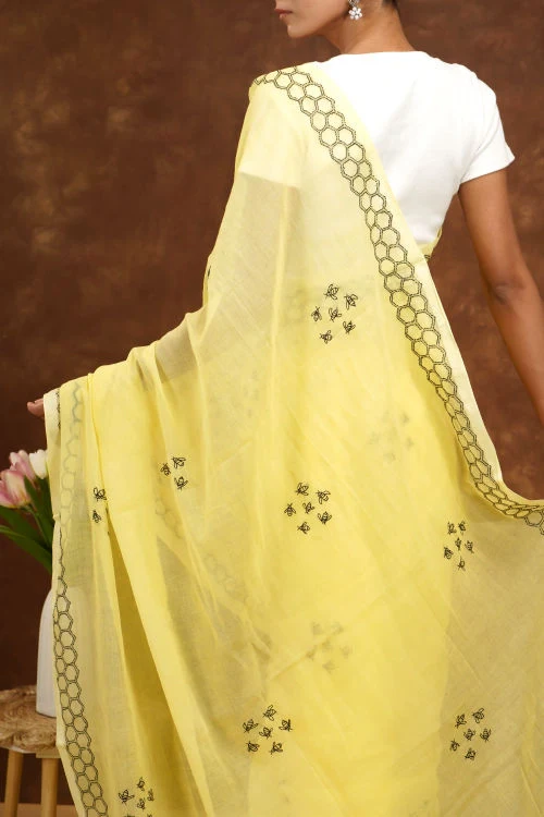 Shwet Women Yellow Hand Embroidered Chikankari Mulmul Saree - Image 6
