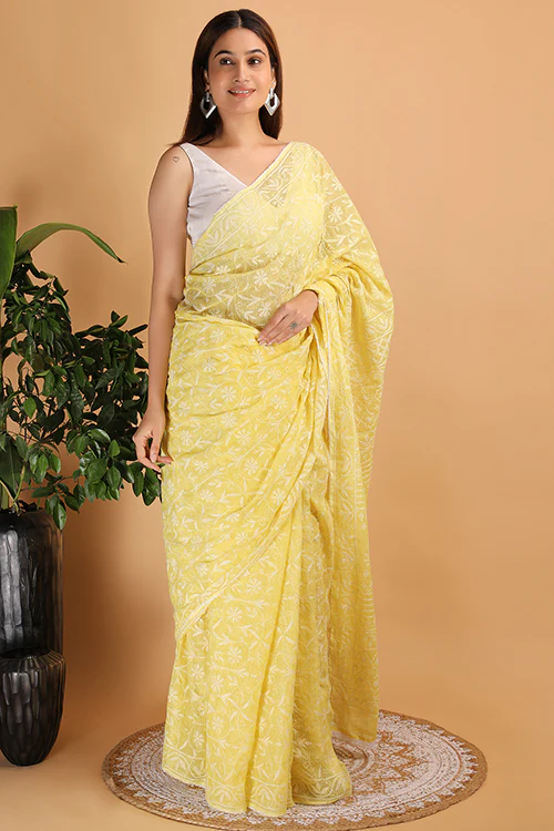 Shwet Yellow Kota Cotton Chikankari Saree - Image 3