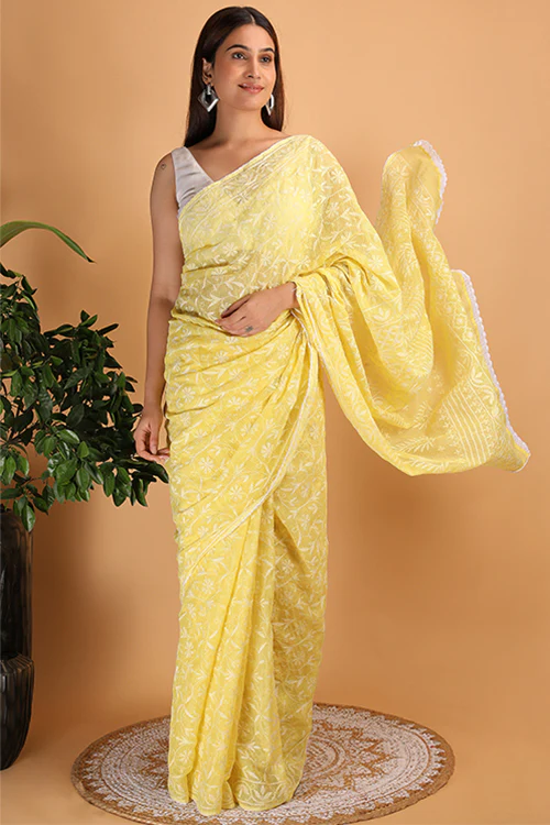 Shwet Yellow Kota Cotton Chikankari Saree - Image 4
