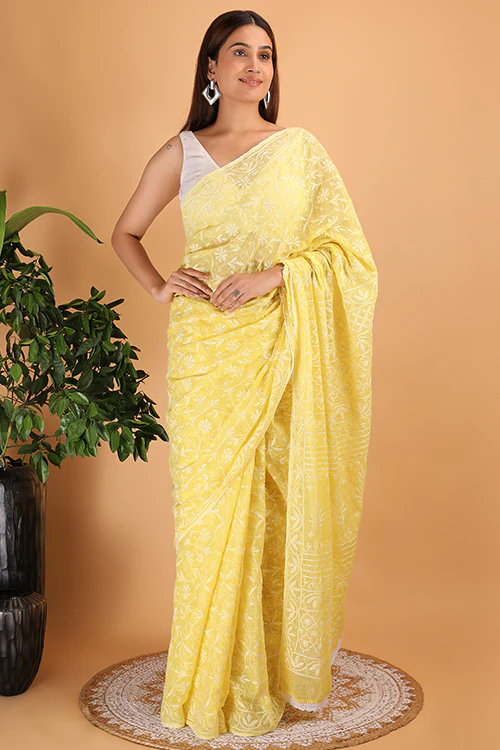 Shwet Yellow Kota Cotton Chikankari Saree - Image 5
