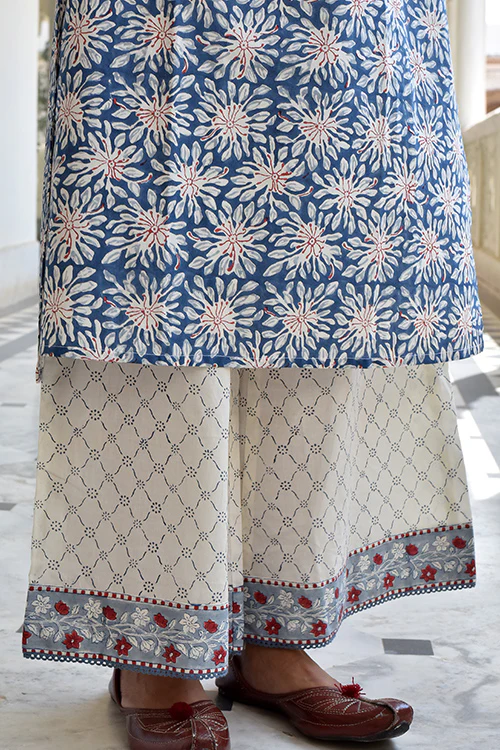 Okhai 'Silver Pearl' Pure Cotton Hand Block Printed Kurta Pant Dupatta Set - Image 5