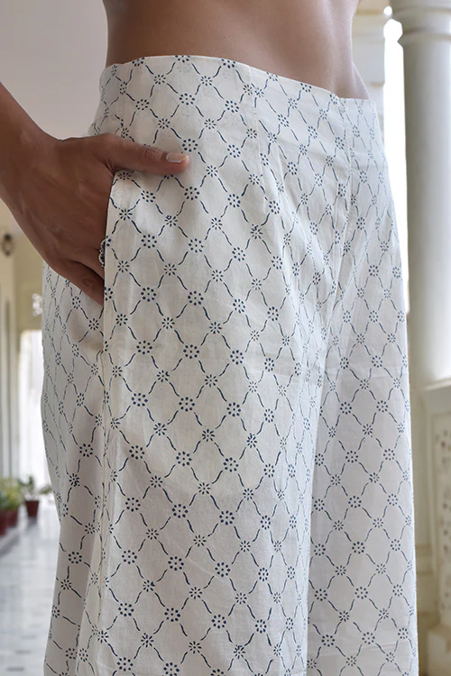 Okhai 'Silver Pearl' Pure Cotton Hand Block Printed Kurta Pant Dupatta Set - Image 6