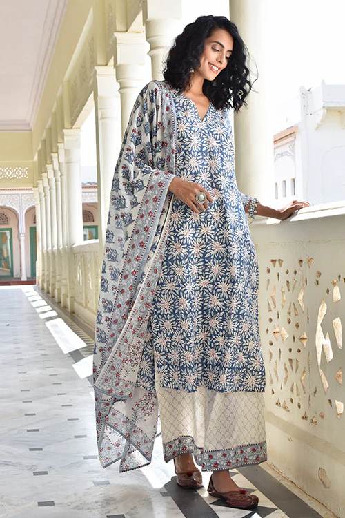 Okhai 'Silver Pearl' Pure Cotton Hand Block Printed Kurta Pant Dupatta Set - Image 7