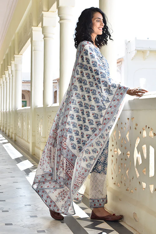 Okhai 'Silver Pearl' Pure Cotton Hand Block Printed Kurta Pant Dupatta Set - Image 8