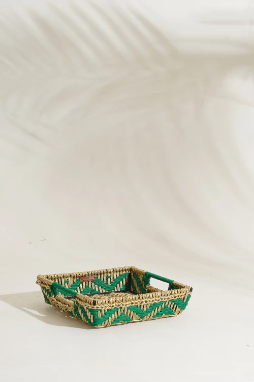 Sirohi Handwoven Multipurpose Tray | Mehndi | Green & Gold - Image 2