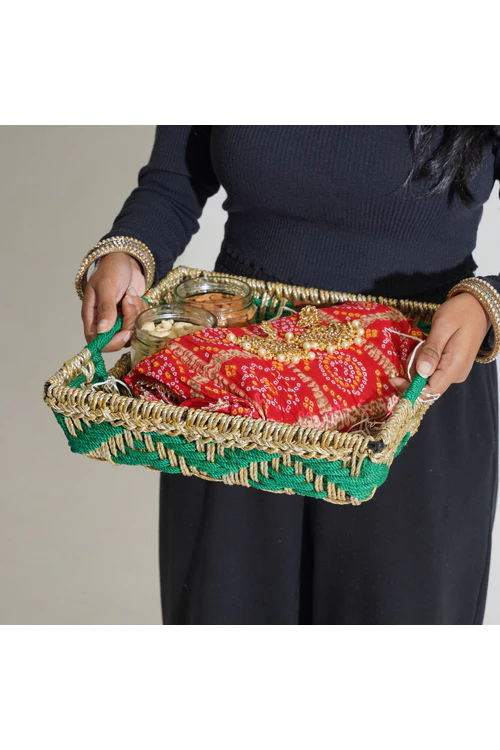 Sirohi Handwoven Multipurpose Tray | Mehndi | Green & Gold - Image 3