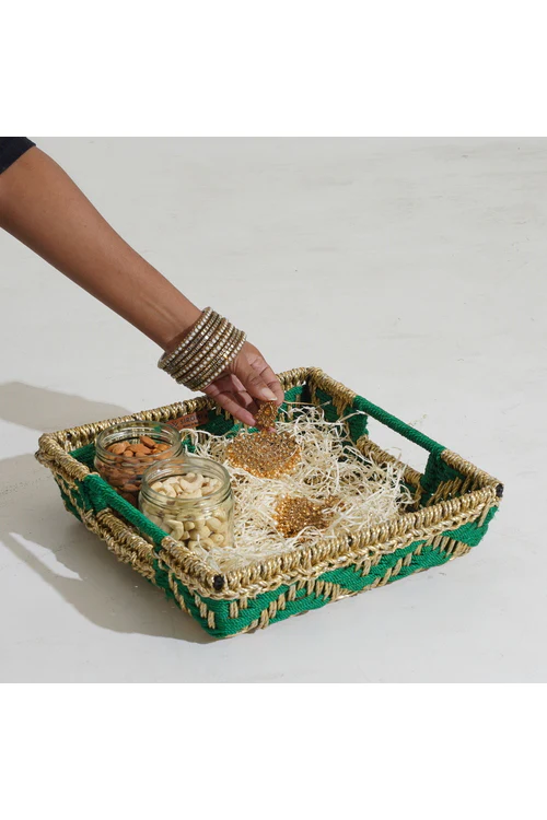 Sirohi Handwoven Multipurpose Tray | Mehndi | Green & Gold - Image 4