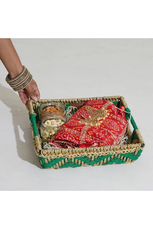 Sirohi Handwoven Multipurpose Tray | Mehndi | Green & Gold - Image 5