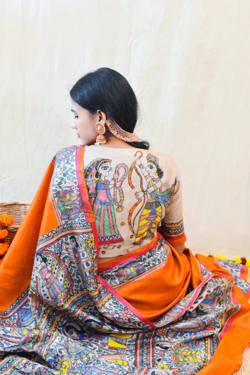 SITA RAM Handpainted Madhubani Tussar Silk Blouse Madhubani Paints - Image 2