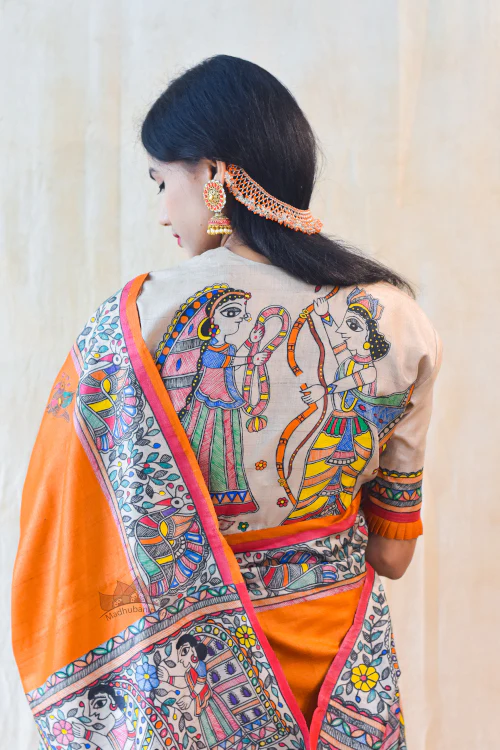 SITA RAM Handpainted Madhubani Tussar Silk Blouse Madhubani Paints - Image 3