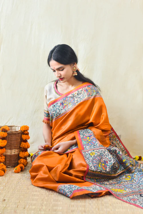 SITA RAM Handpainted Madhubani Tussar Silk Saree Madhubani Paints - Image 3