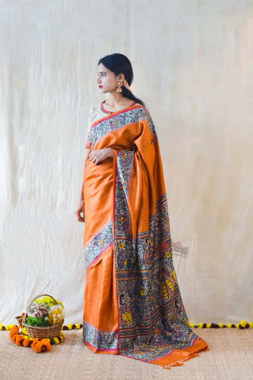 SITA RAM Handpainted Madhubani Tussar Silk Saree Madhubani Paints - Image 4