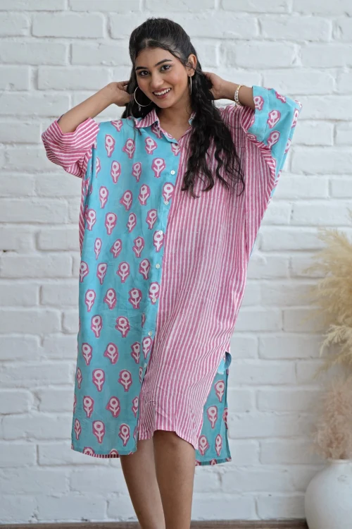 Sooti Syahi Skipper In Pink Hand Block Printed Oversize Shirt - Image 3