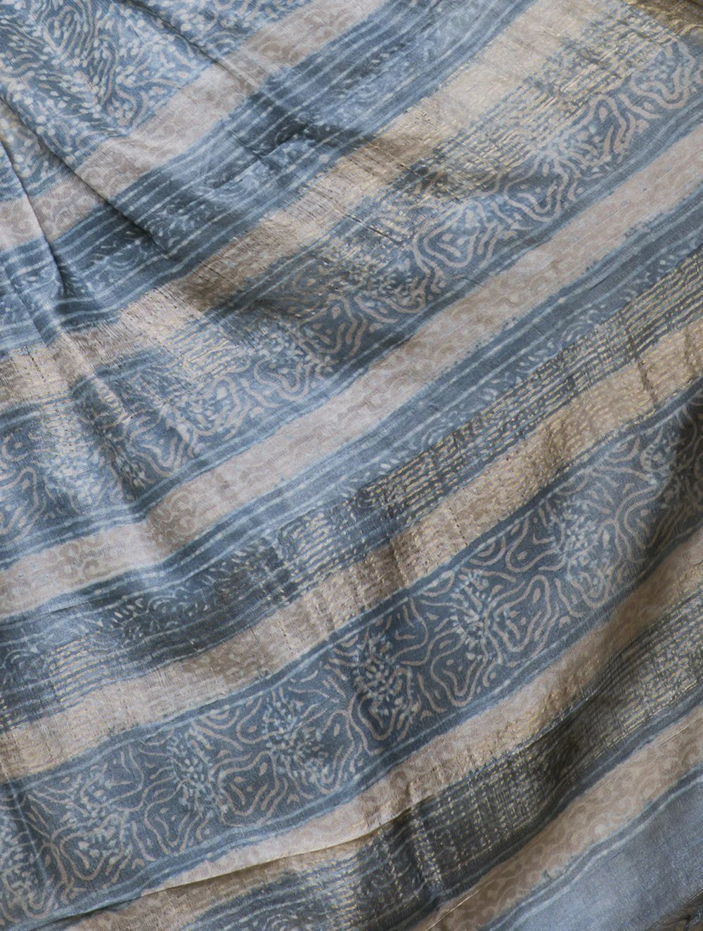 TICH Festive & Exclusive Tassar Silk Sanganeri Bagru Saree (With Blouse Piece) - Soft Blue, Beige & Dull Gold - Image 3